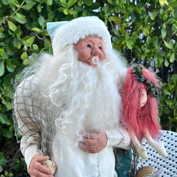 Large Artist Signed 2002 Tropical SANTA with Mermaid Seahorse Shells on Beach - Picture 8 of 16